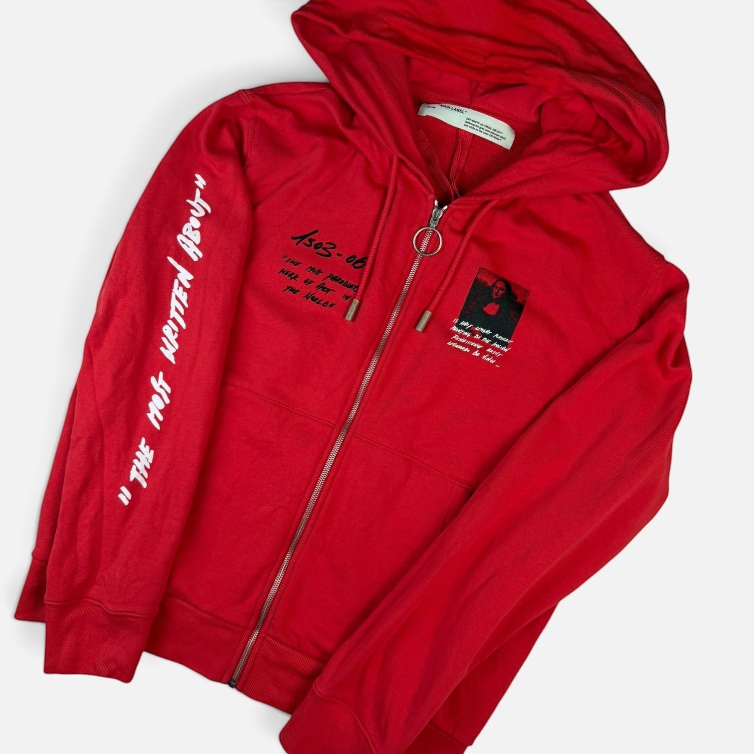 V STEALS red Off-White SS18 Mona Lisa zip hoodie with white graphic text on the chest and sleeve and silver ring pull