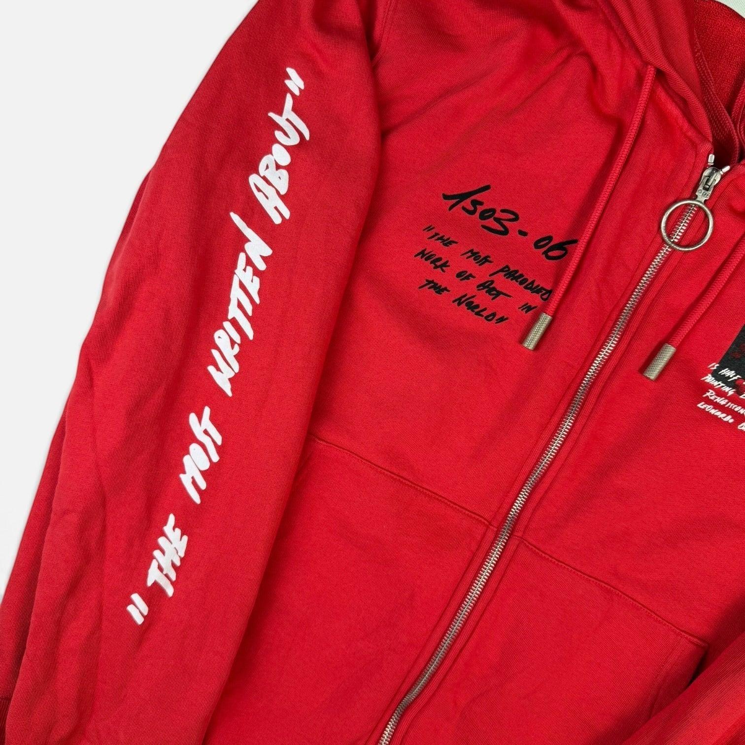 V STEALS Off-White SS18 red zip hoodie featuring The Most Written About text on the sleeve and 1503-06 graphic detail