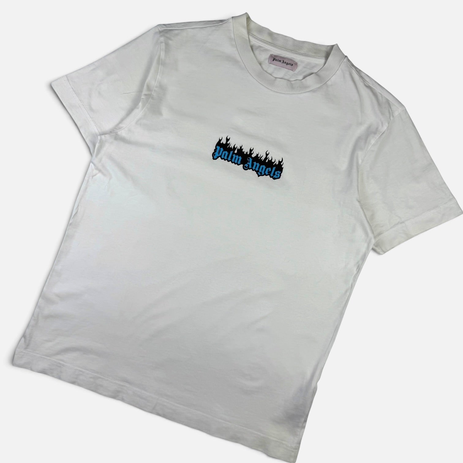 V STEALS pre-loved white cotton Palm Angels t-shirt featuring a blue gothic logo with black flames on the chest