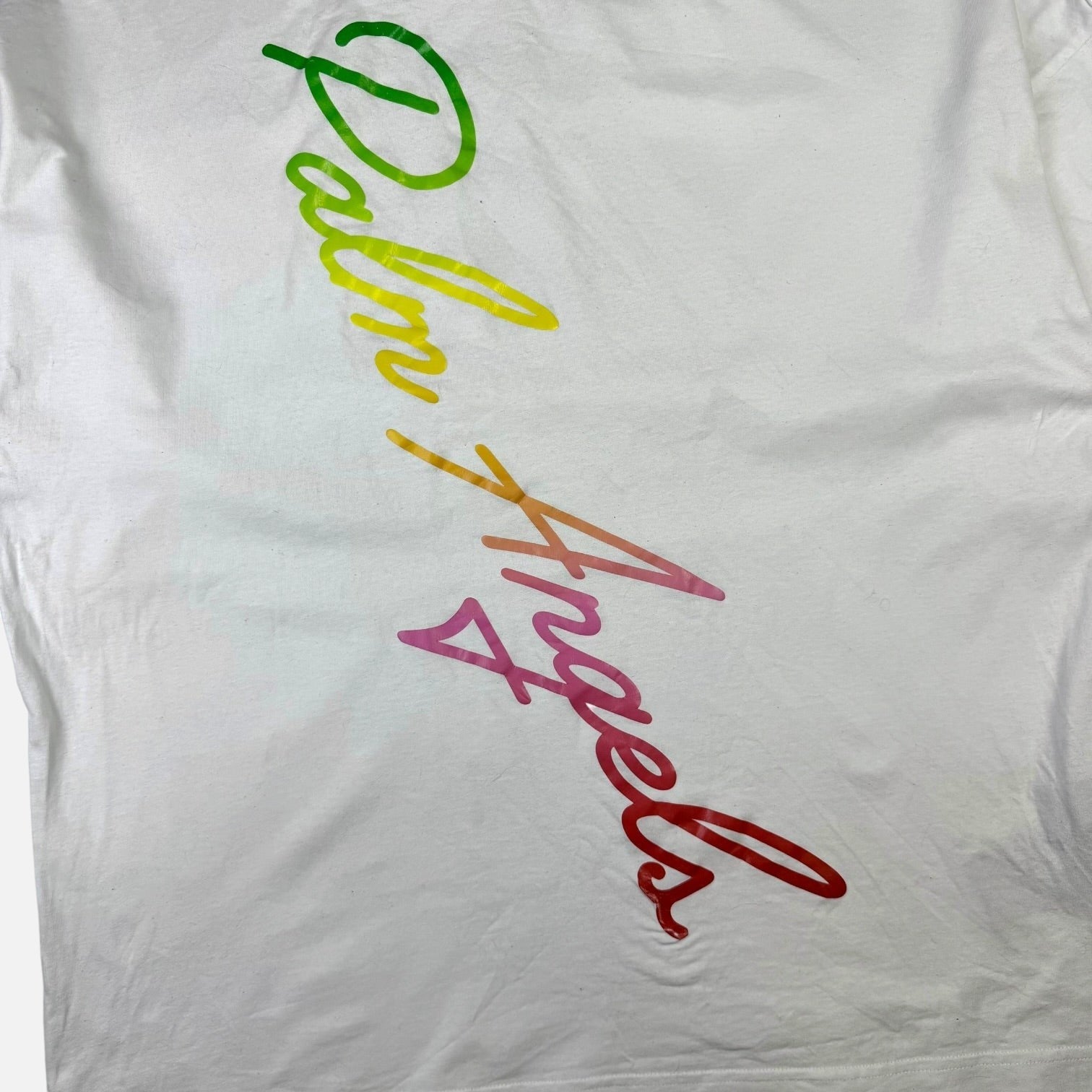 V STEALS Palm Angels white cotton t-shirt featuring a diagonal multicolored gradient cursive logo print.