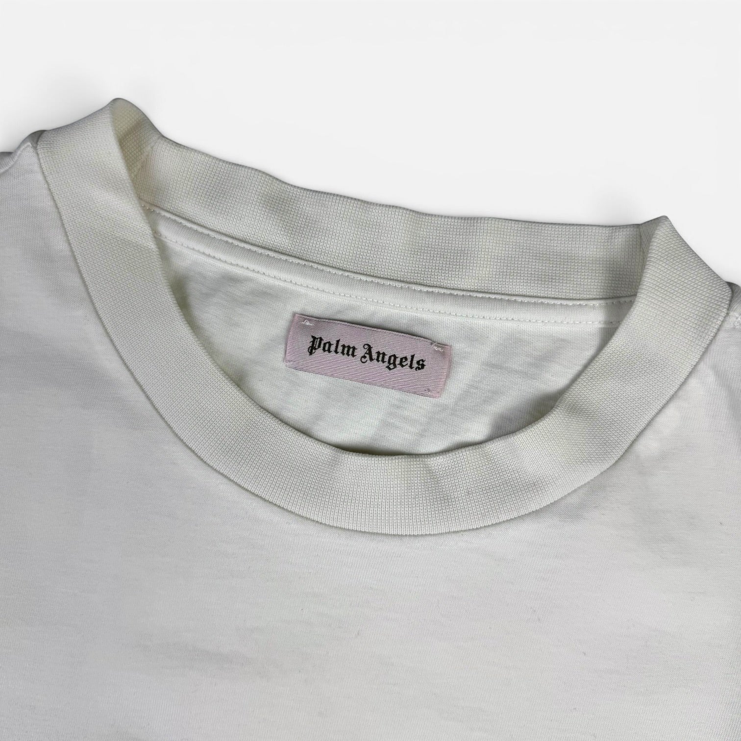 V STEALS white cotton t-shirt featuring a mock-neck collar with a Palm Angels brand label stitched inside