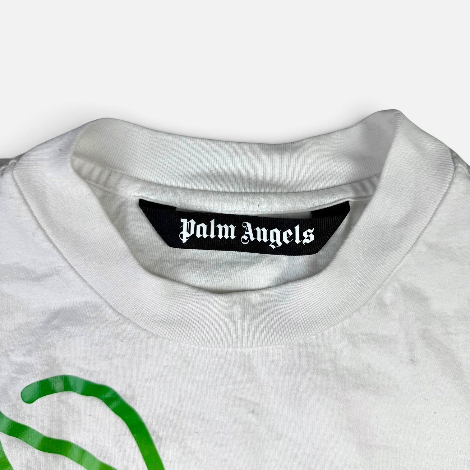 V STEALS white cotton Palm Angels t-shirt featuring a mock neck collar and black brand label