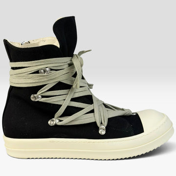 V STEALS Rick Owens DRKSHDW black canvas high-top sneakers with signature megalace hexagram lacing and milk sole