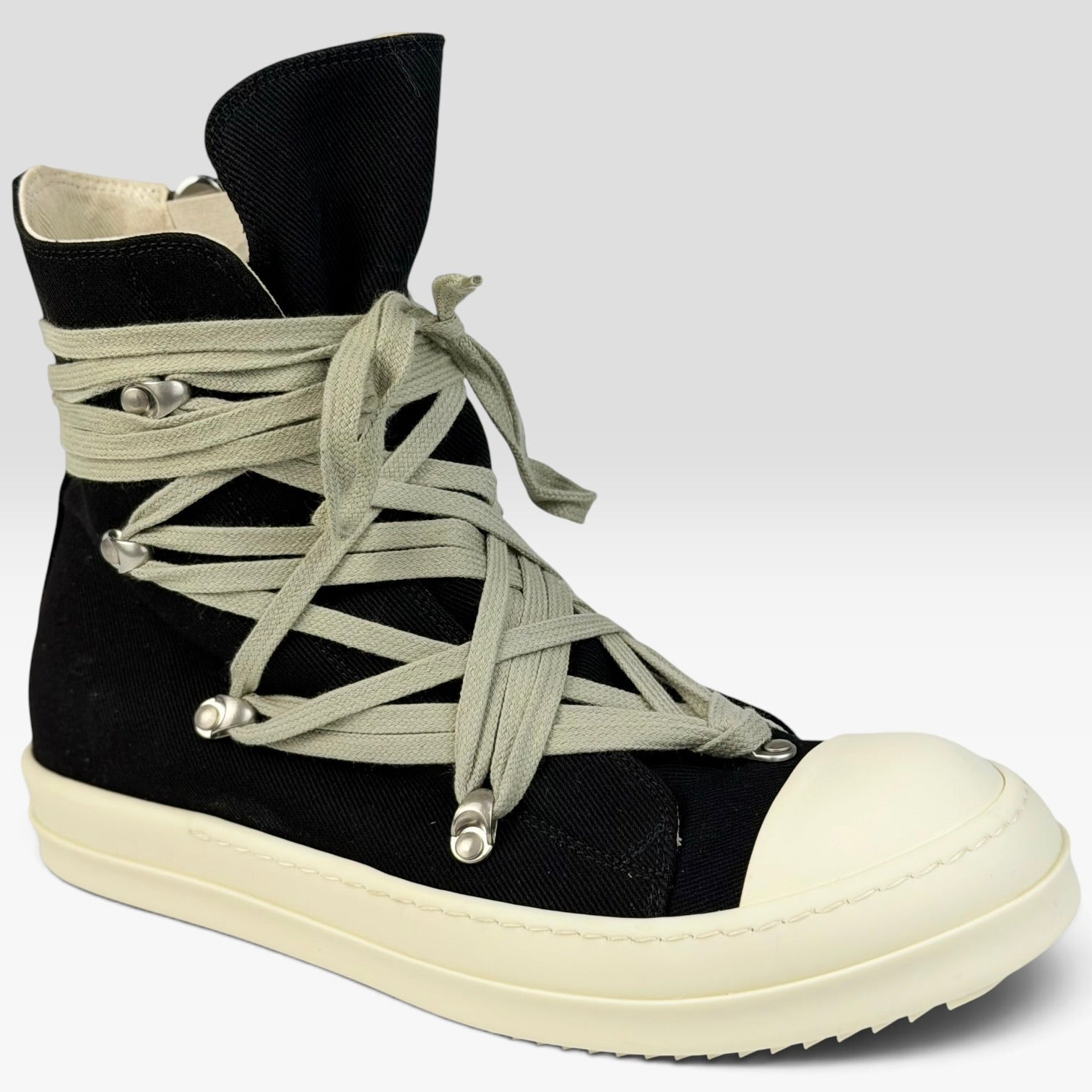 V STEALS Rick Owens DRKSHDW Hexagram Megalace high-top sneakers in black canvas with milk shark-tooth sole
