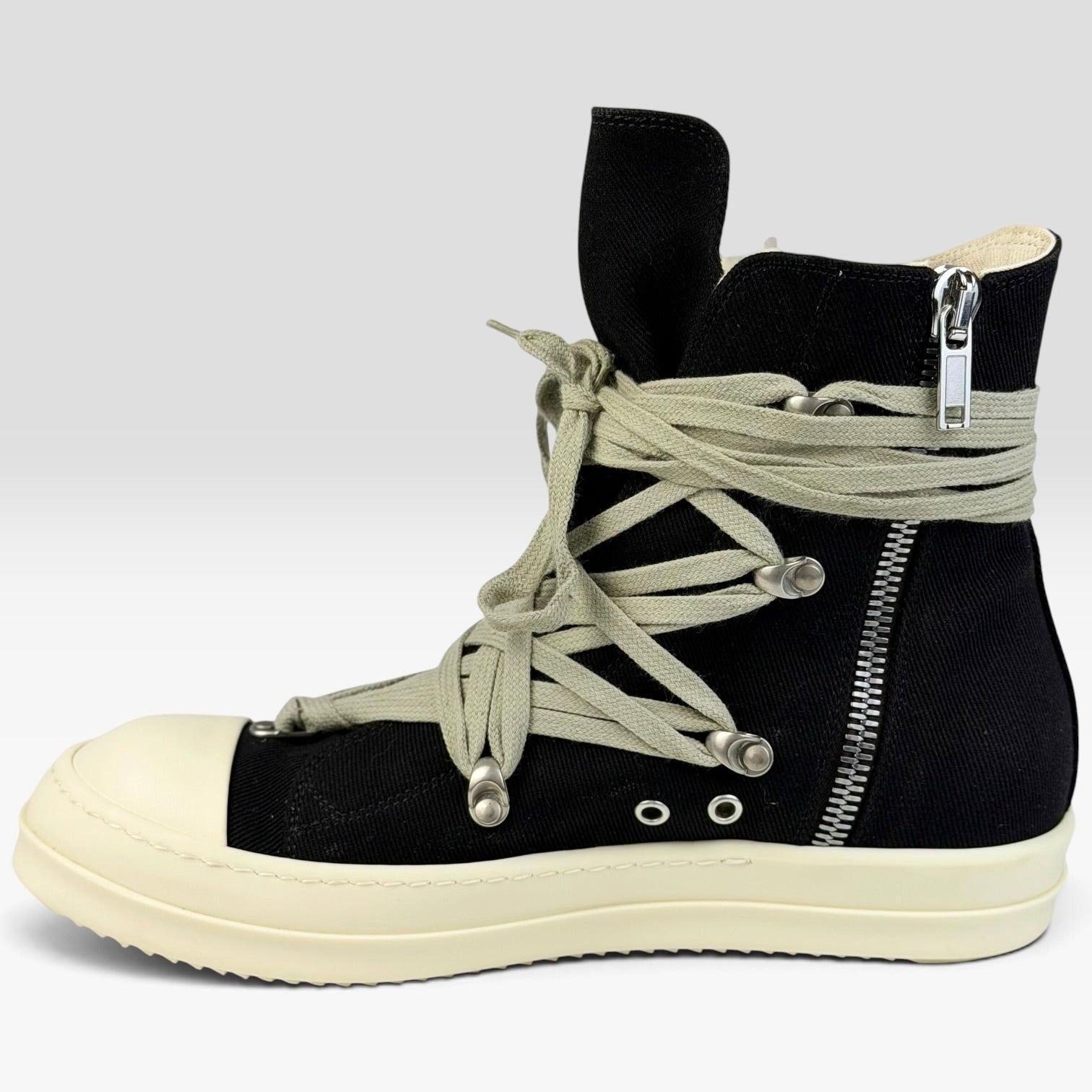 V STEALS Rick Owens DRKSHDW Hexagram Megalace high-top sneakers in black canvas with milk shark-tooth sole