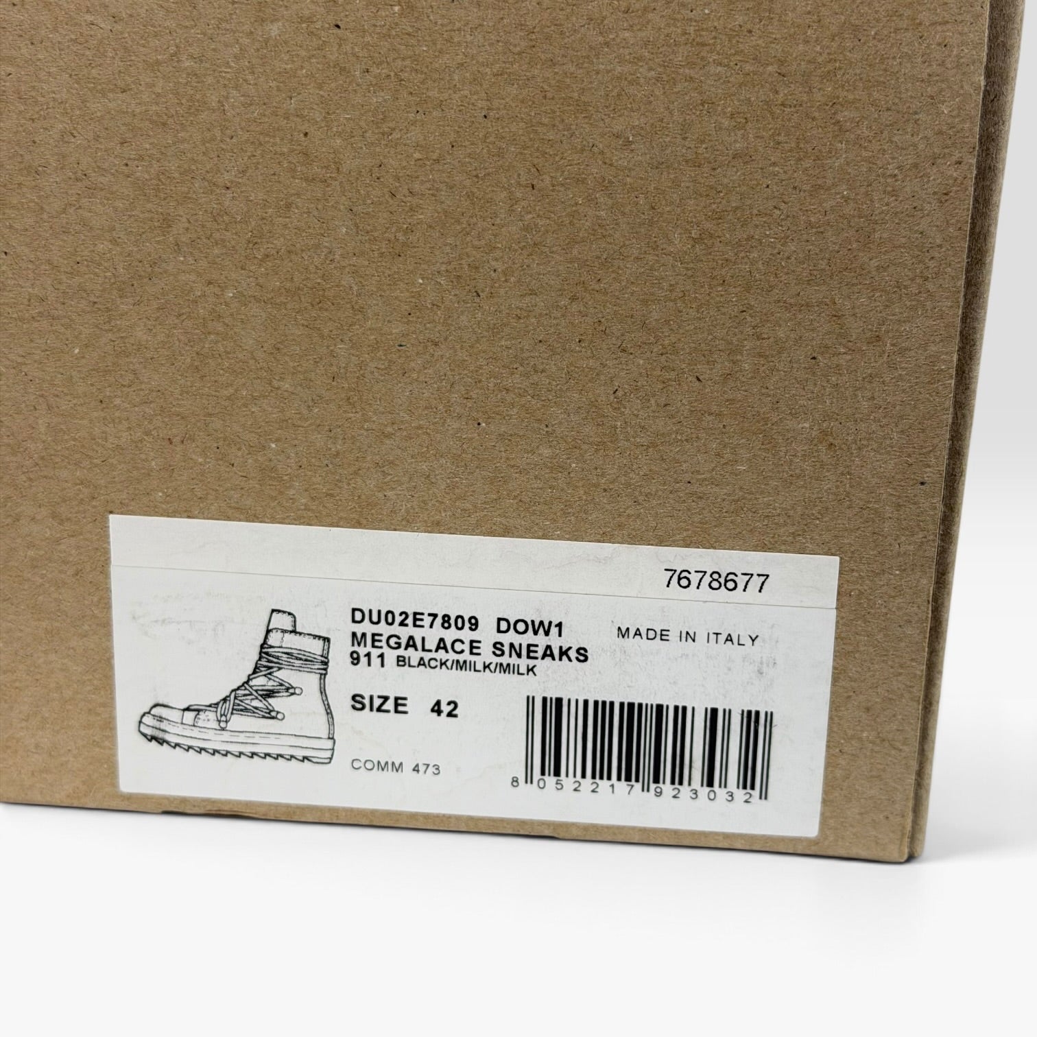 V STEALS cardboard shoebox label for Rick Owens DRKSHDW Hexagram Megalace sneakers in black size 42