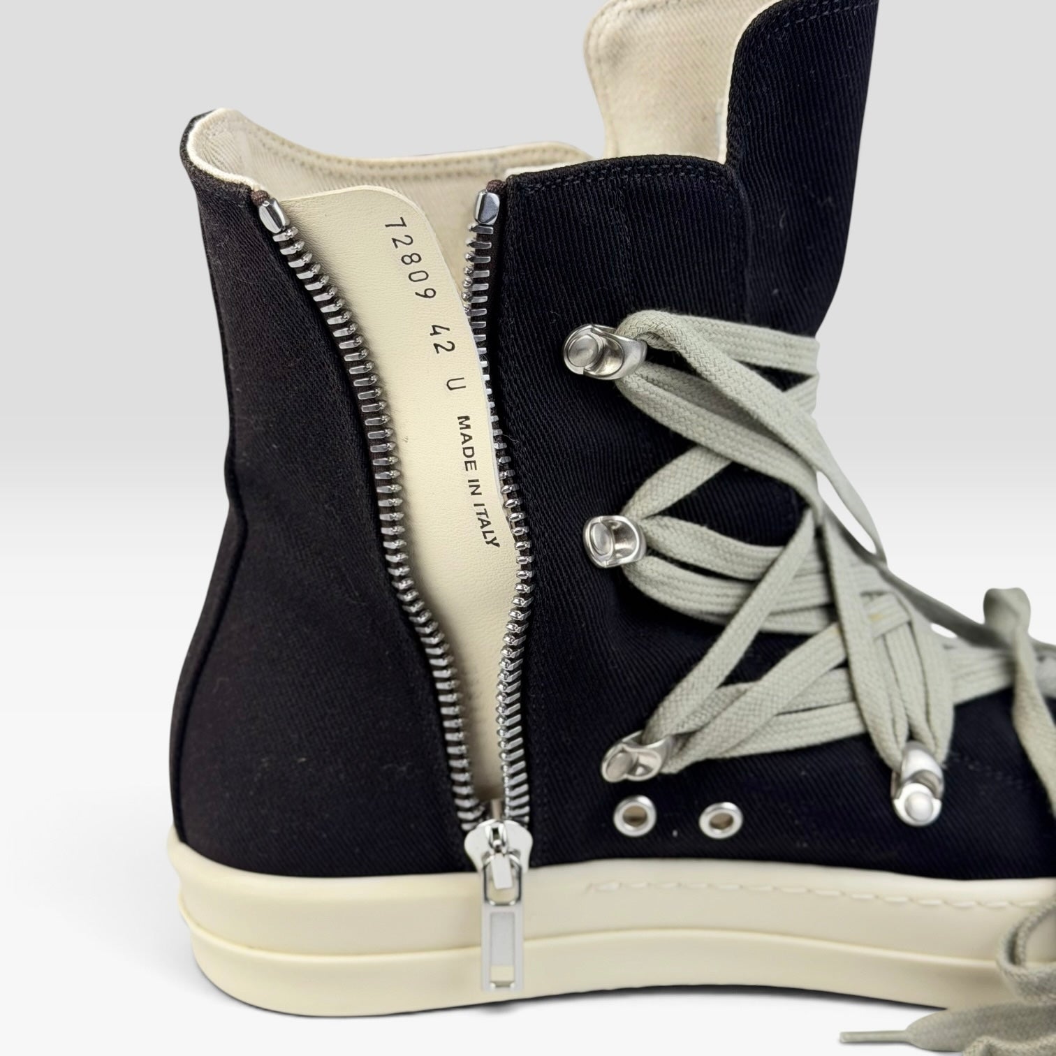 V STEALS Rick Owens DRKSHDW Hexagram Megalace high-top sneakers in black canvas with side zipper and milk white sole.