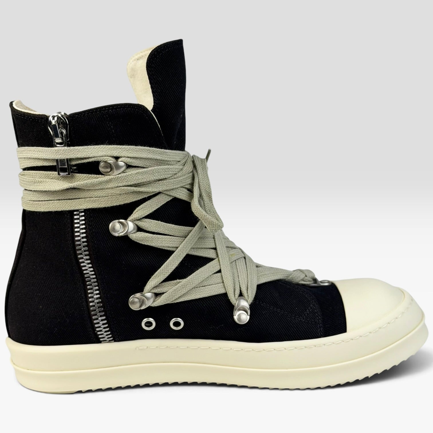V STEALS Rick Owens DRKSHDW Hexagram Megalace high-top sneakers in black canvas with milk shark-tooth sole and zip.