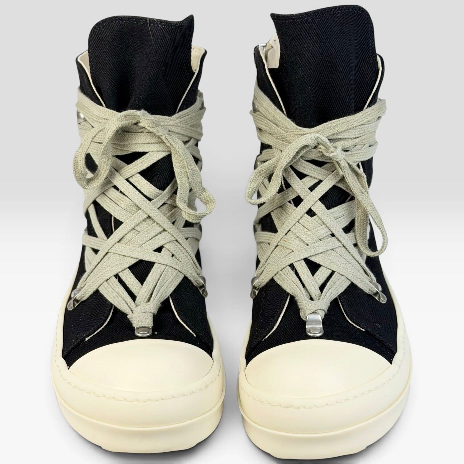 V STEALS Rick Owens DRKSHDW Hexagram Megalace high-top sneakers in black canvas with milk white toe caps and laces.