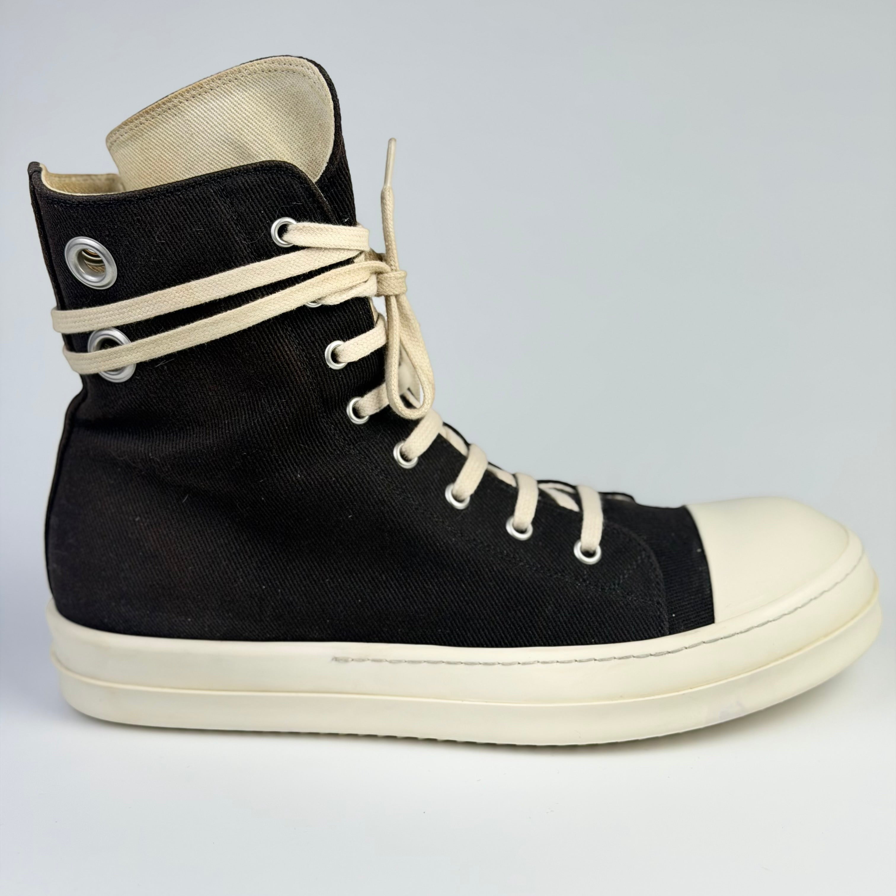 V STEALS Rick Owens Ramones high-top sneakers in black canvas with oversized silver eyelets and cream rubber toe cap