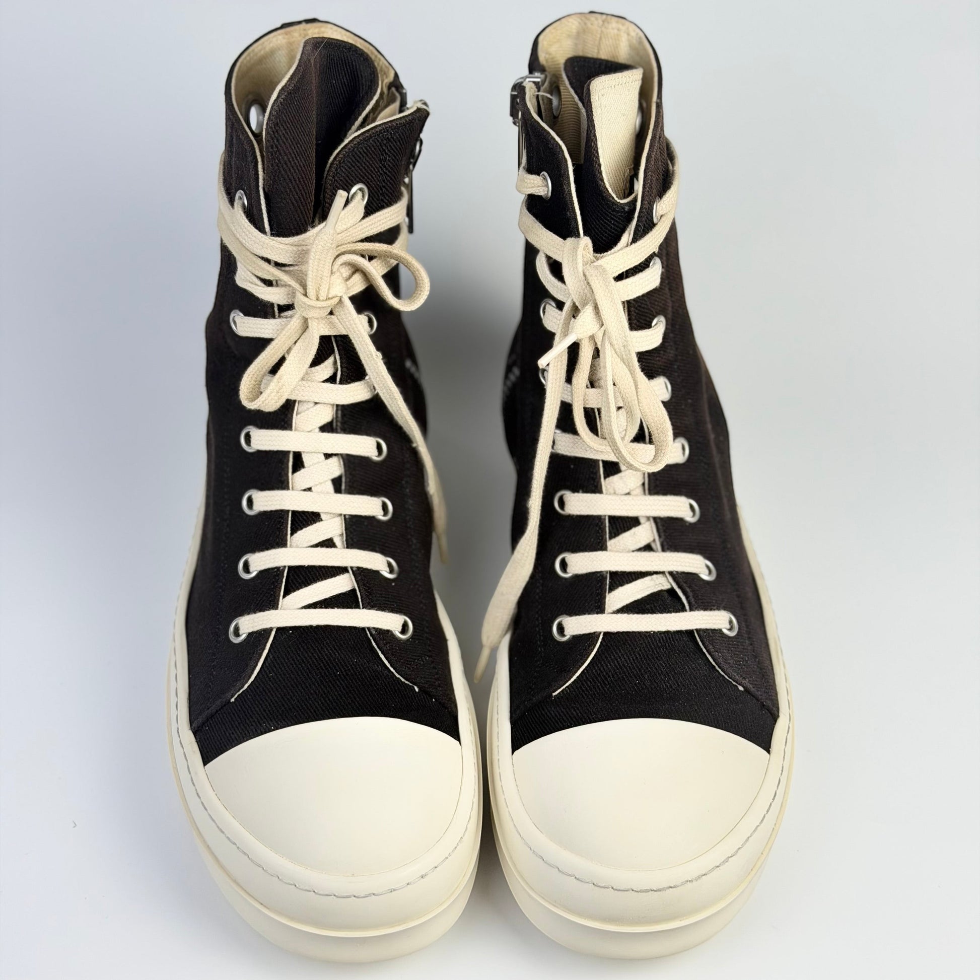 V STEALS Rick Owens Ramones high-top sneakers in black canvas with oversized metal eyelets and white rubber toe caps