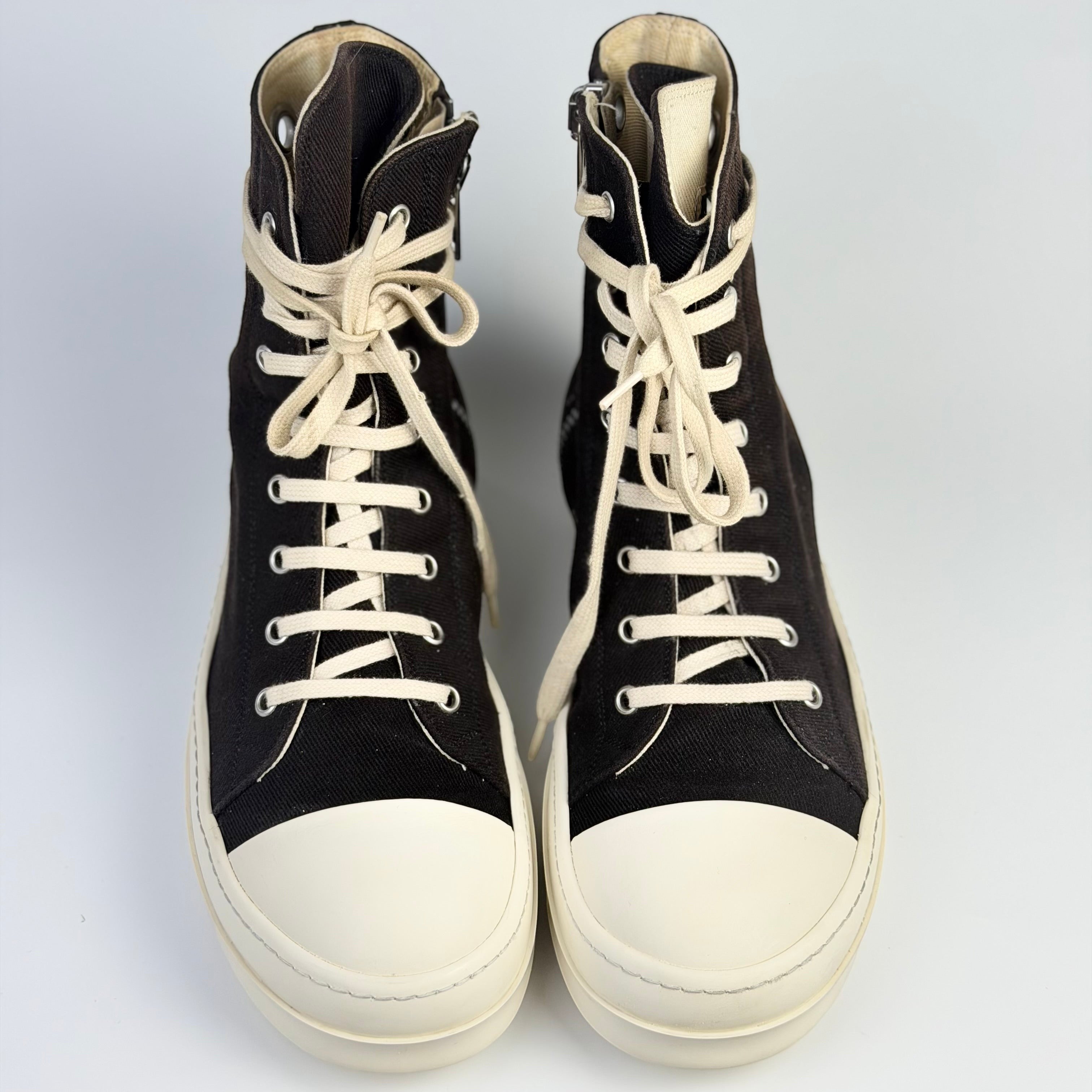 V STEALS Rick Owens Ramones high-top sneakers in black canvas with oversized metal eyelets and white rubber toe caps
