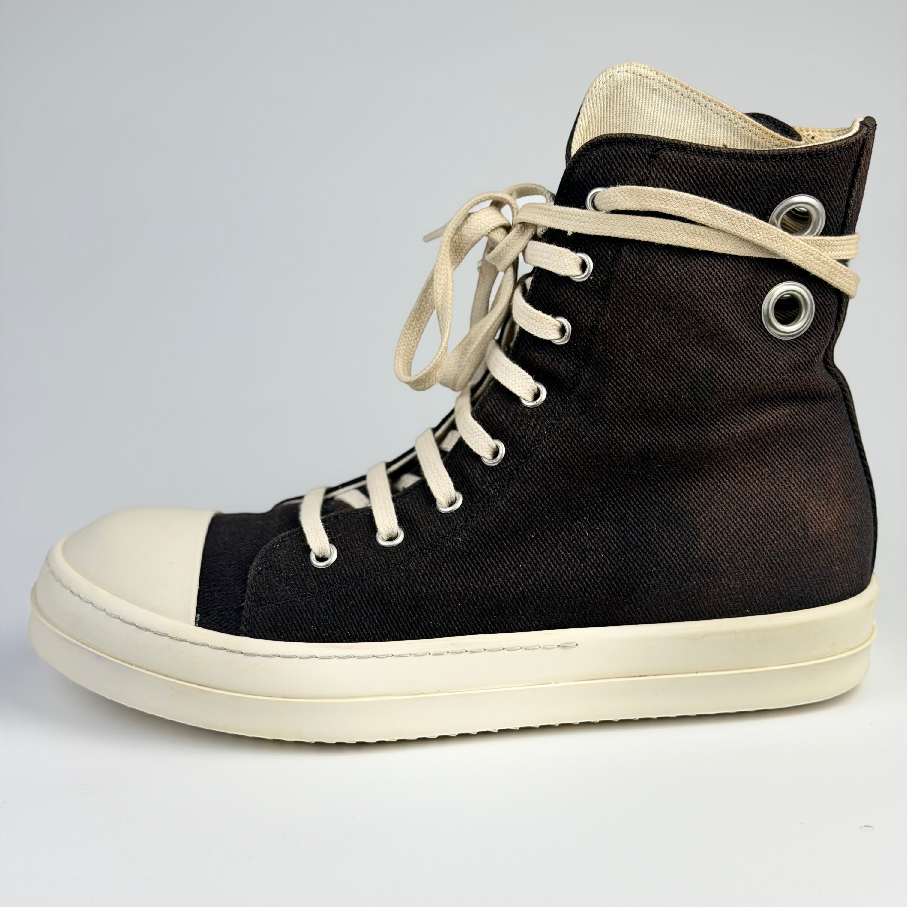 V STEALS Rick Owens Ramones high-top sneakers in black canvas with oversized silver eyelets and cream rubber toe cap