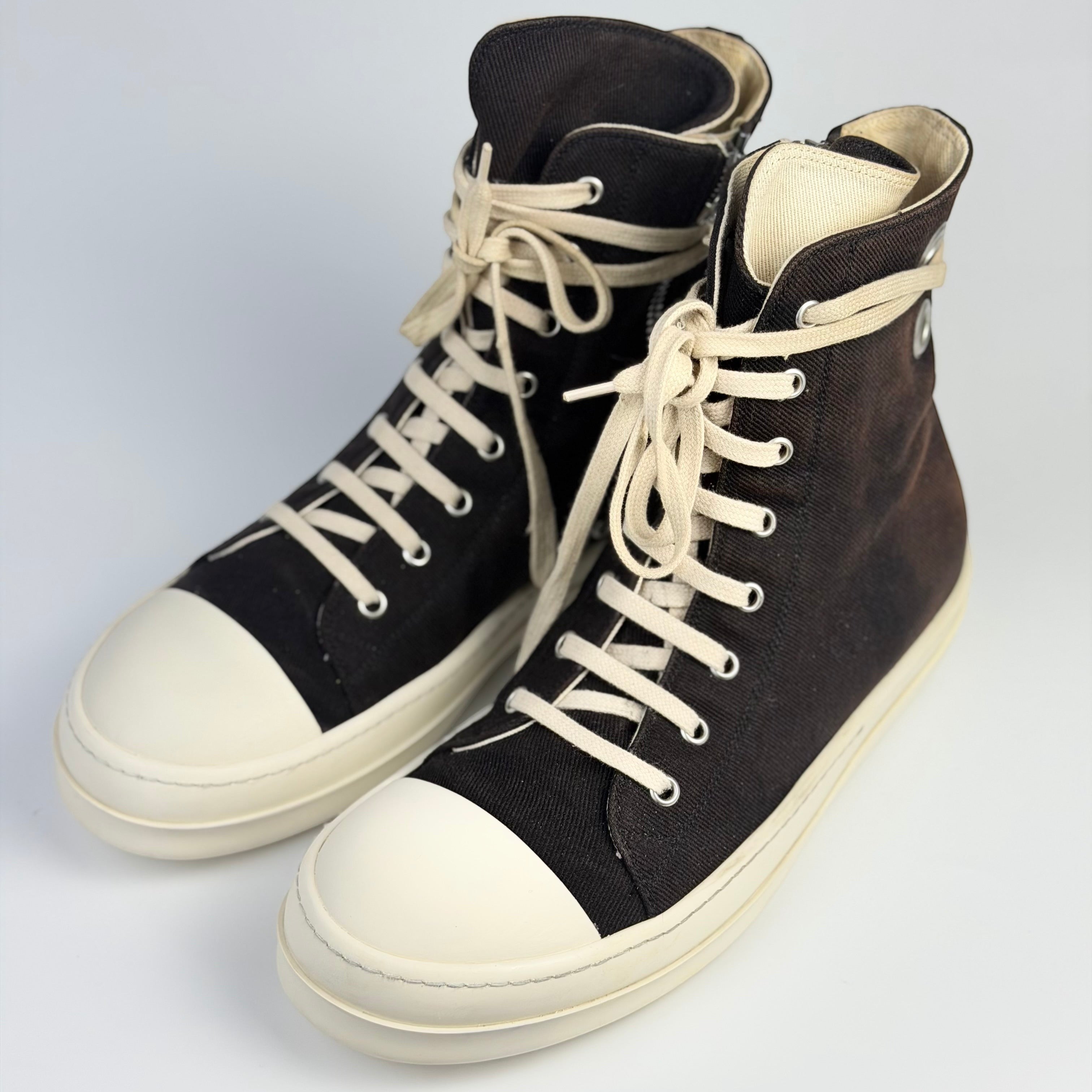 V STEALS pre-loved Rick Owens Ramones high-top sneakers in black canvas with oversized eyelets and white rubber soles.