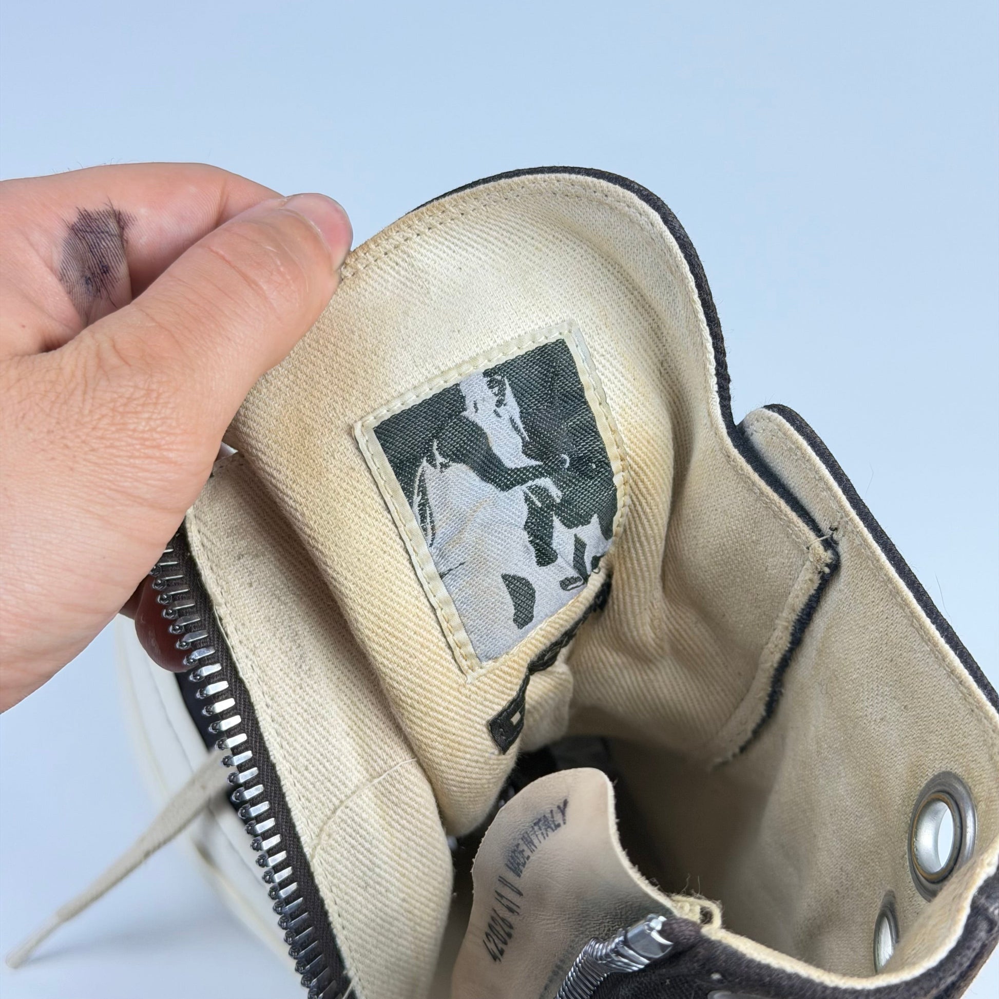 V STEALS Rick Owens Ramones high-top sneaker interior showing the brand label and lining detail