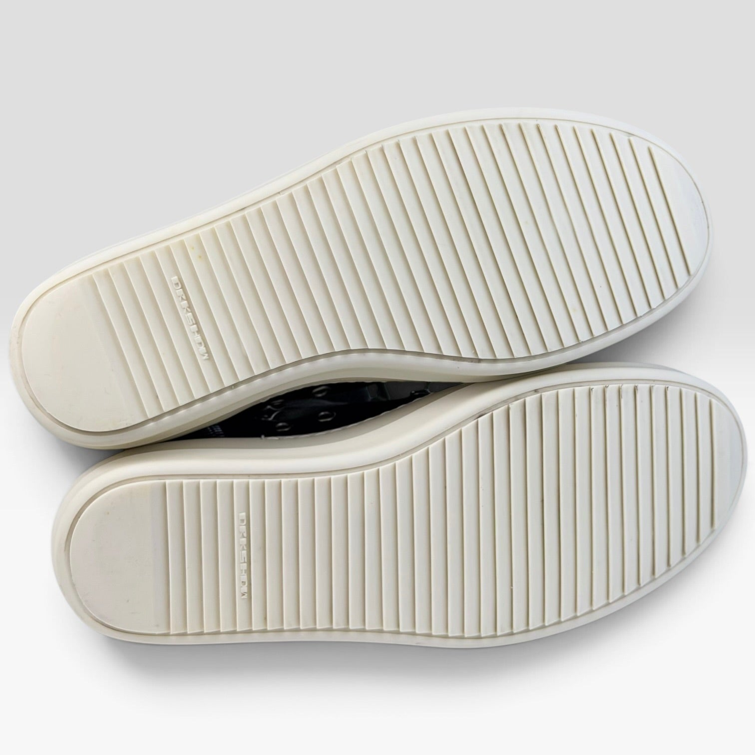 V STEALS Rick Owens DRKSHDW Hexagram Megalace sneakers showing the signature milk white shark-tooth rubber outsoles.