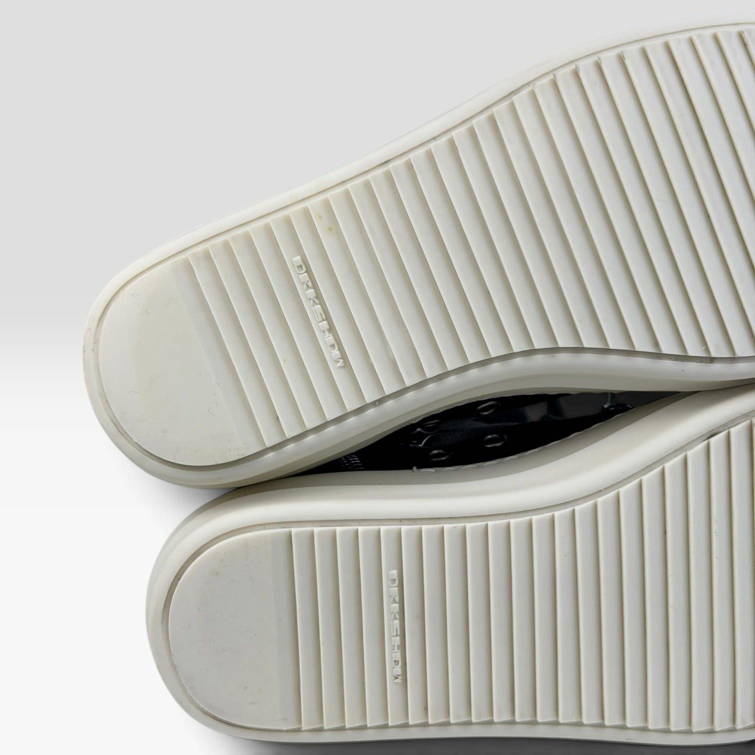 V STEALS Rick Owens DRKSHDW Hexagram Megalace sneakers showing the signature milk white shark-tooth rubber outsoles